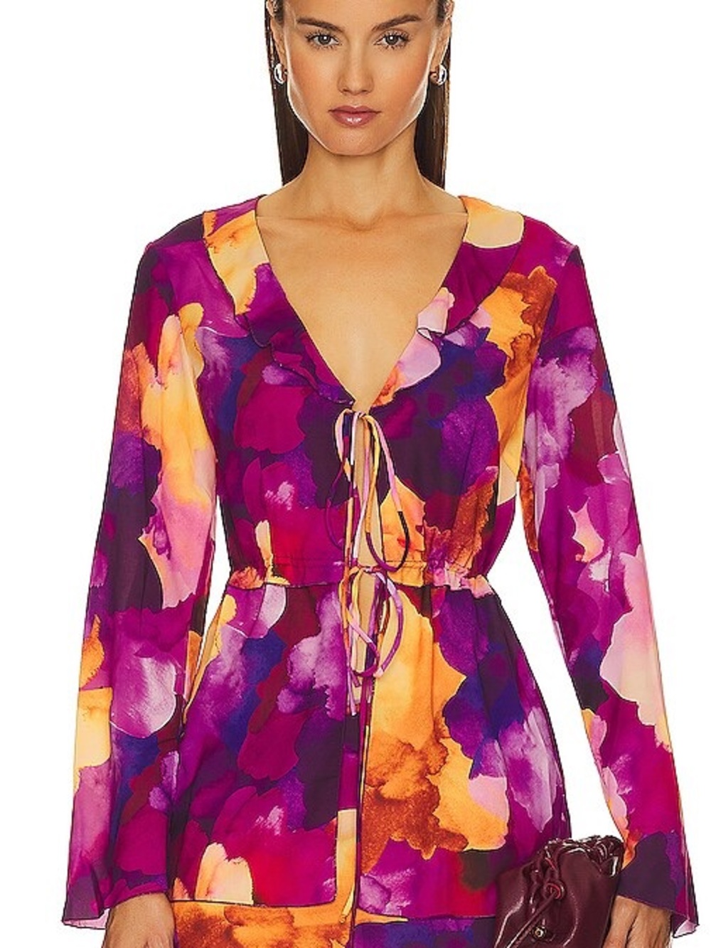 Plush Watercolor Floral Tie-Front Ruffle Cardigan Top Size Medium